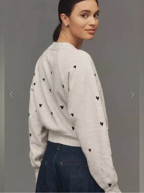 Anthropologie Maeve Embroidered Hearts Shrunken Crewneck Sweatshirt M